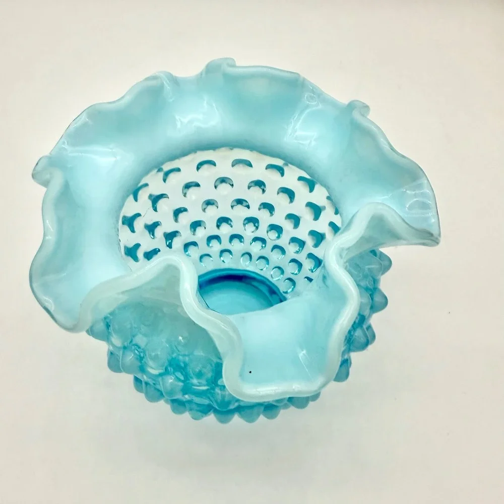 Fenton Home Vase 4.5in Glass Mid-Century Blue Opalescent Hobnail Ruffled